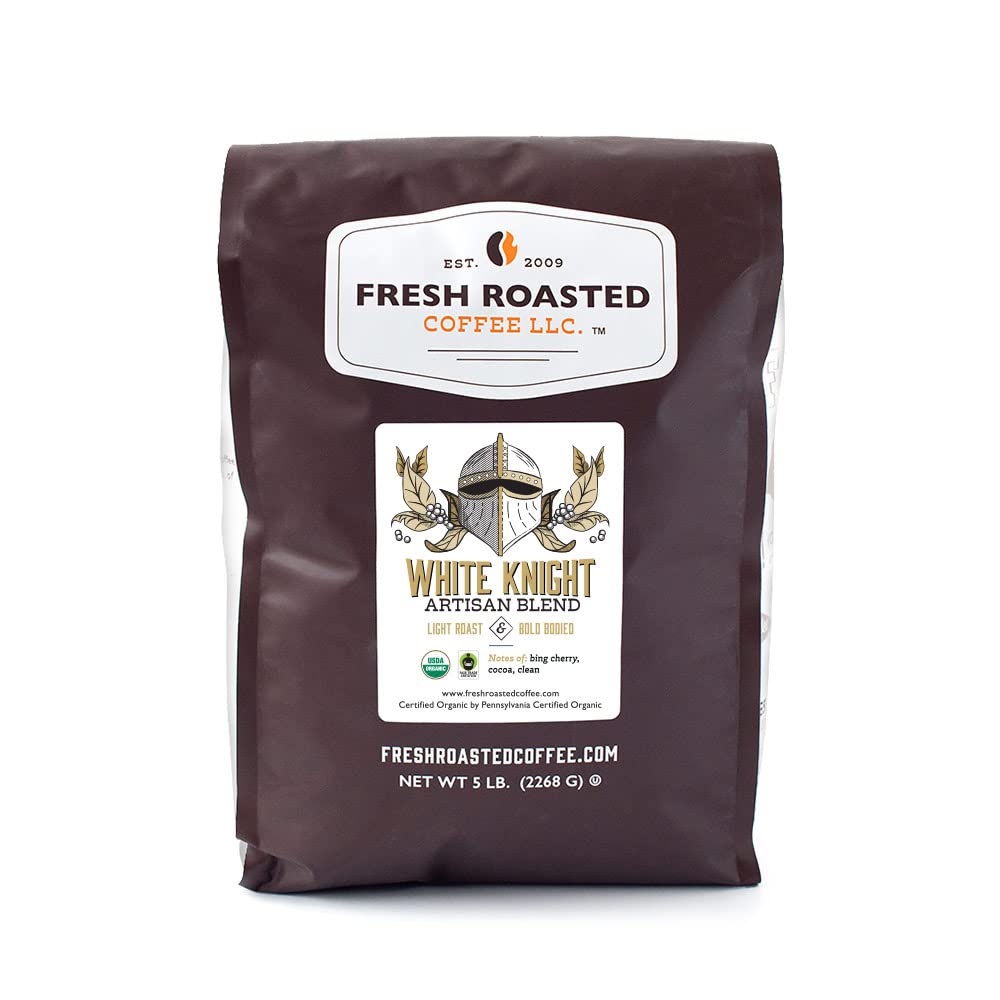 Fresh Roasted Coffee, Organic White Knight, 5 lb (80 oz), Light Roast, Fair Trade Kosher, Whole Bean