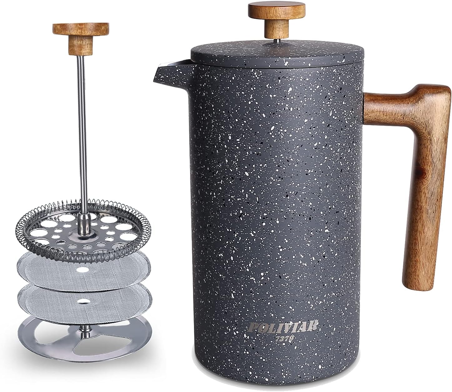 POLIVIAR French Press Coffee Maker, 34 Ounce Coffee Press with Teak Wood Handle, Double Wall Insulation & Dual-Filter Screen, Food Grade Stainless Steel for Good Coffee and Tea (Lava)