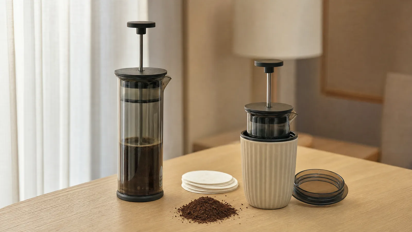 Two plunger-style coffee presses side by side on an oak table, the smaller one nested in its travel mug
