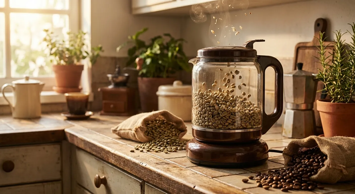 Popcorn air popper roasting a small batch of coffee beans on a kitchen countertop