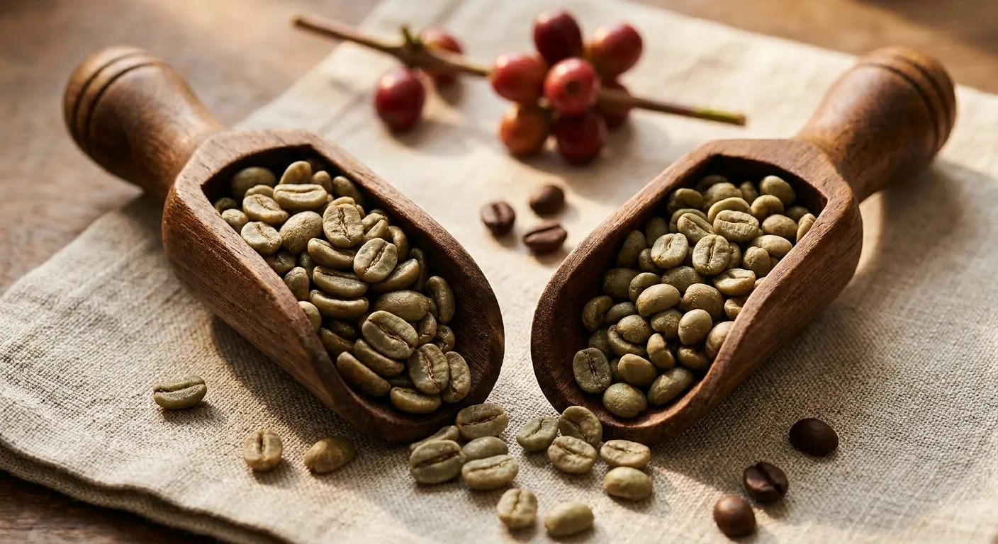 Side-by-side Arabica and Robusta coffee beans showing size and shape difference
