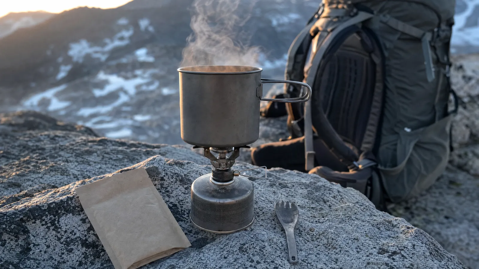 Ultralight backpacking coffee kit on alpine granite at dawn: titanium pot, canister stove and a single coffee stick beside a loaded pack