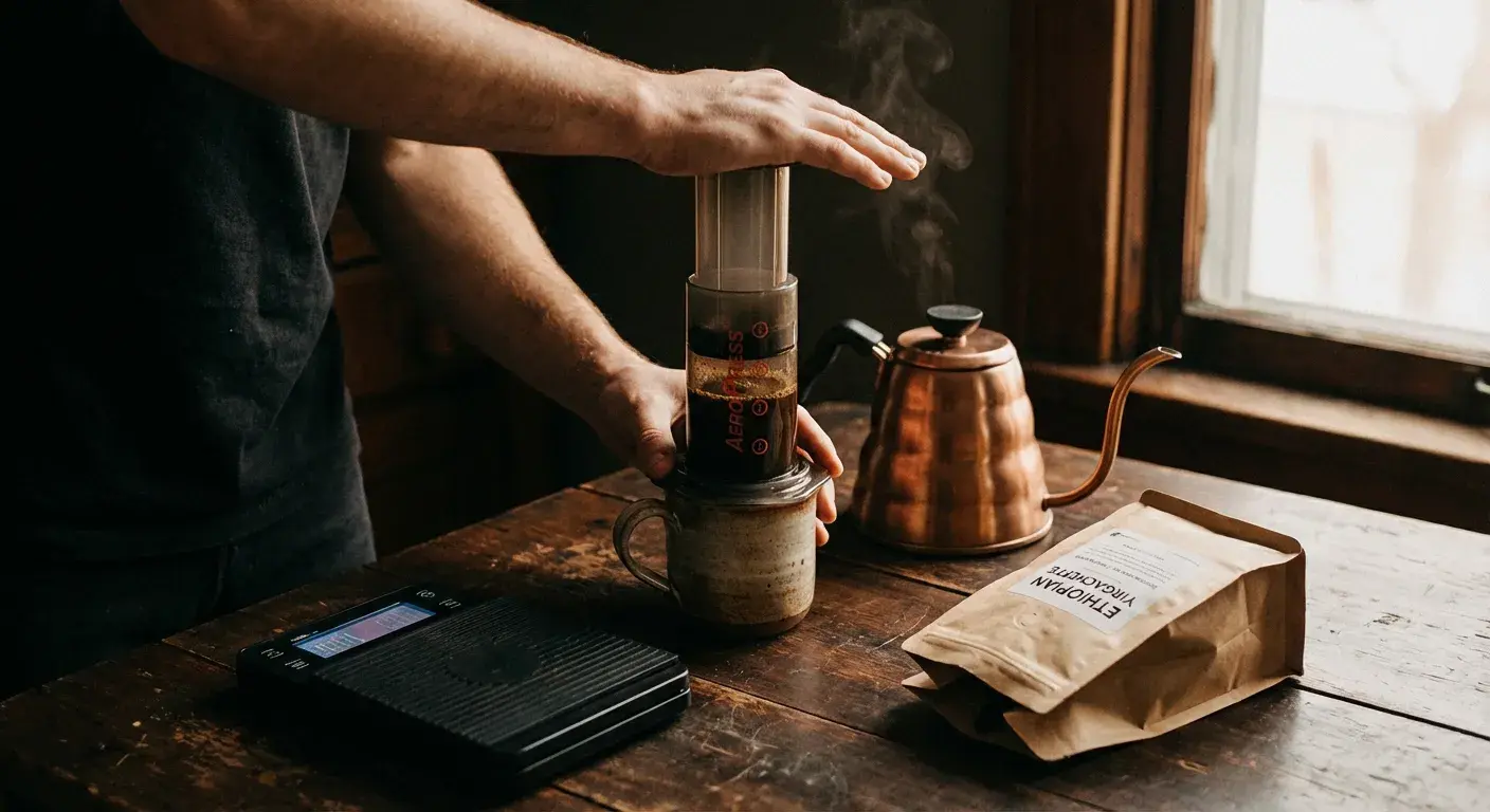 AeroPress coffee maker with brewing accessories