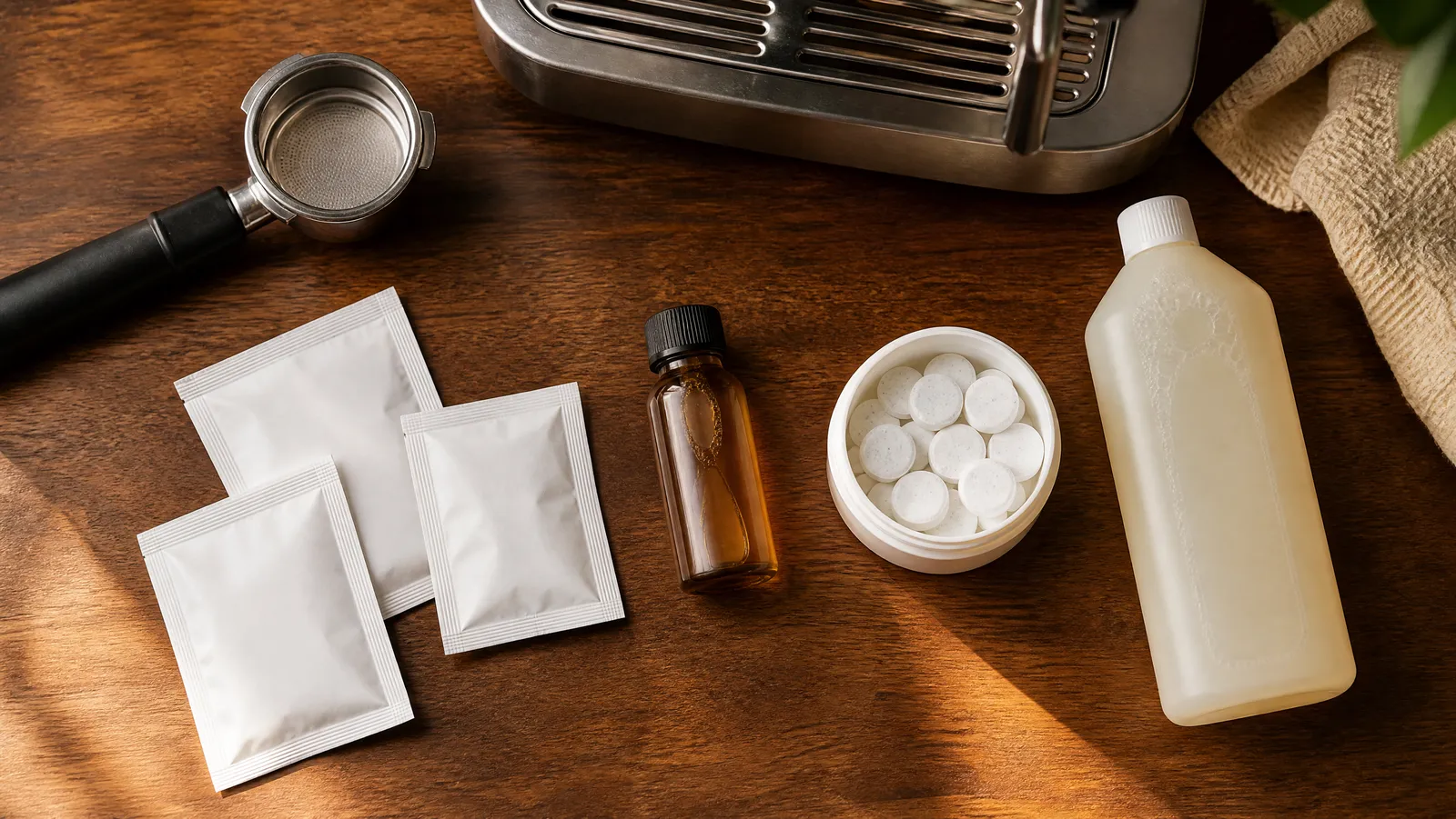 Overhead flat-lay of coffee machine descaler sachets, cleaning tablets and liquid cleaners arranged beside a portafilter