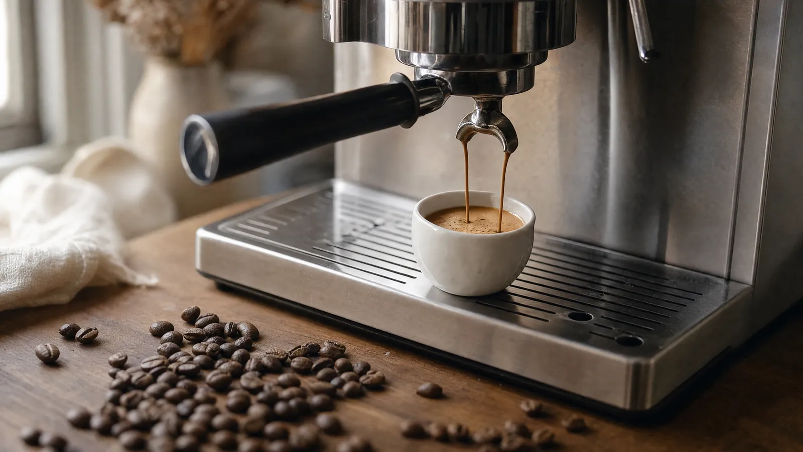 A bottomless portafilter pulling an espresso shot with thick caramel crema into a white cup, whole beans scattered in the foreground