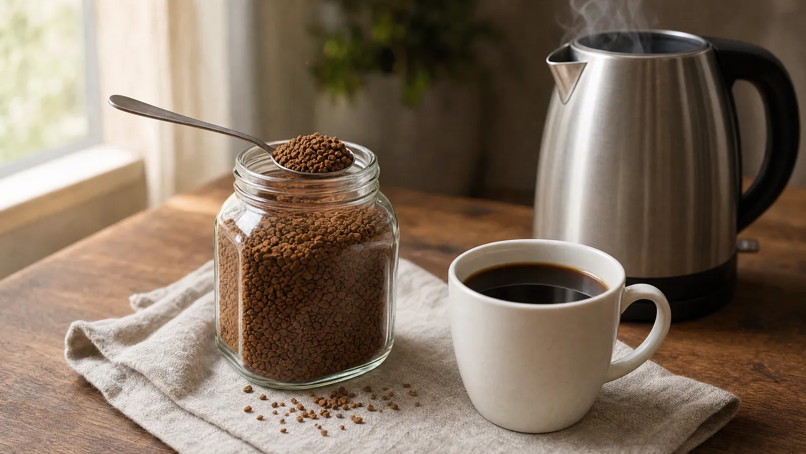An open glass jar of freeze-dried instant coffee granules with a steel spoon, beside a white mug of black coffee and a kettle on pale linen