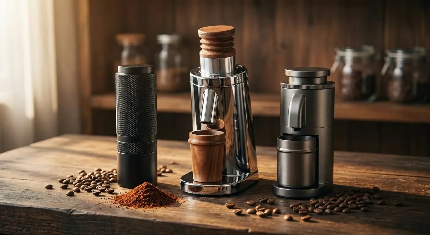 A row of espresso grinders including Eureka Mignon, Niche Zero, and DF64 with a portafilter