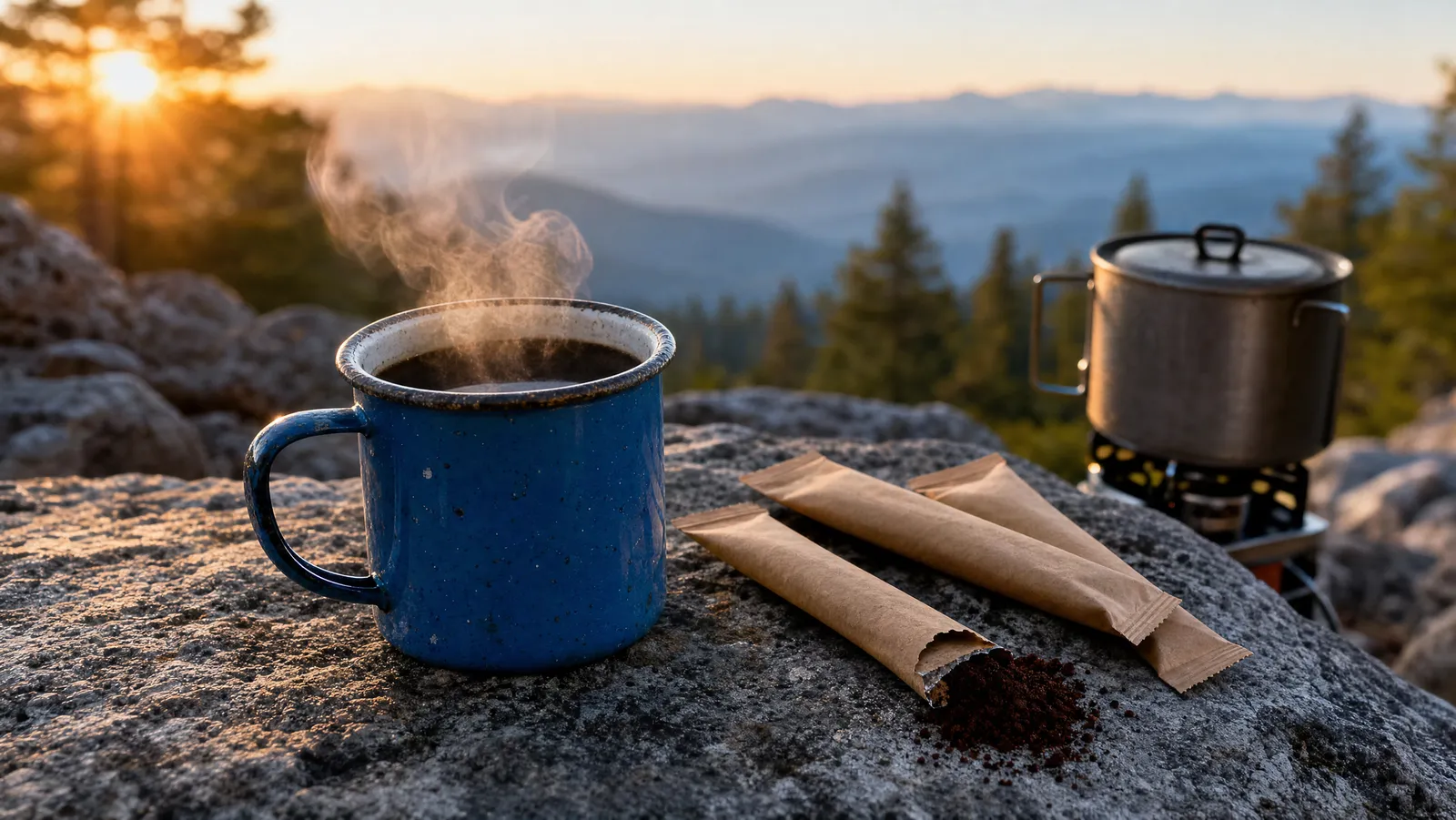 Enamel camp mug of black coffee steaming on a granite rock at sunrise beside torn single-serve coffee packets