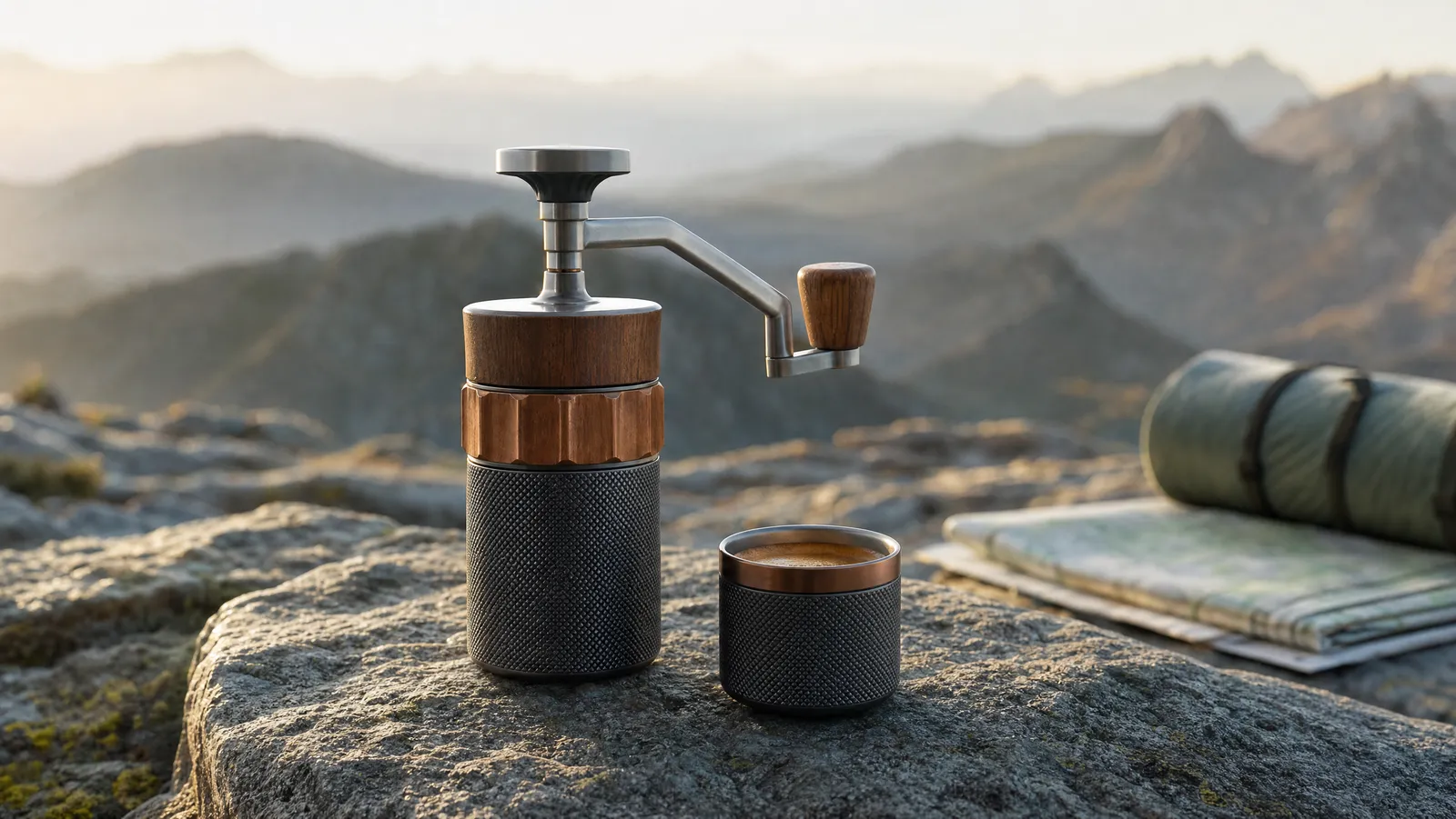 Compact hand-pumped portable espresso maker on a granite rock at a mountain overlook with a fresh shot beside it