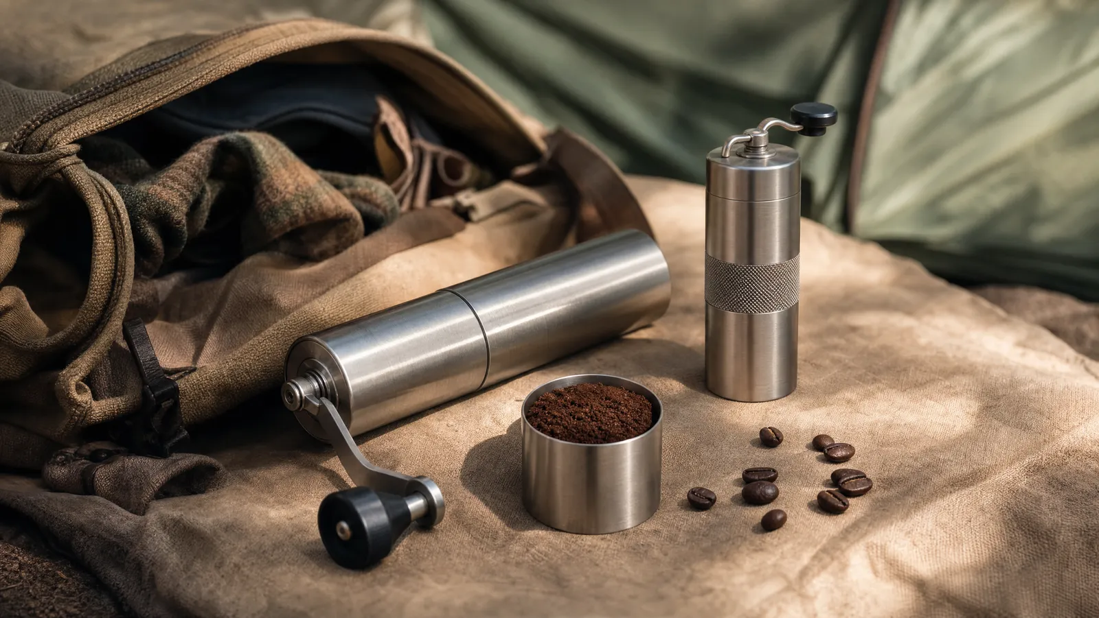 Slim stainless hand coffee grinder with folded crank handle beside an open backpack at a campsite
