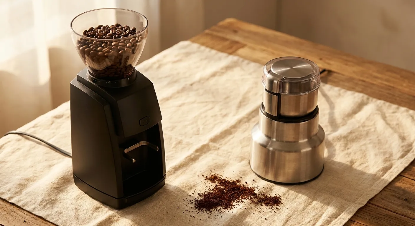 A burr grinder next to a blade grinder with coffee beans showing the difference in grind consistency