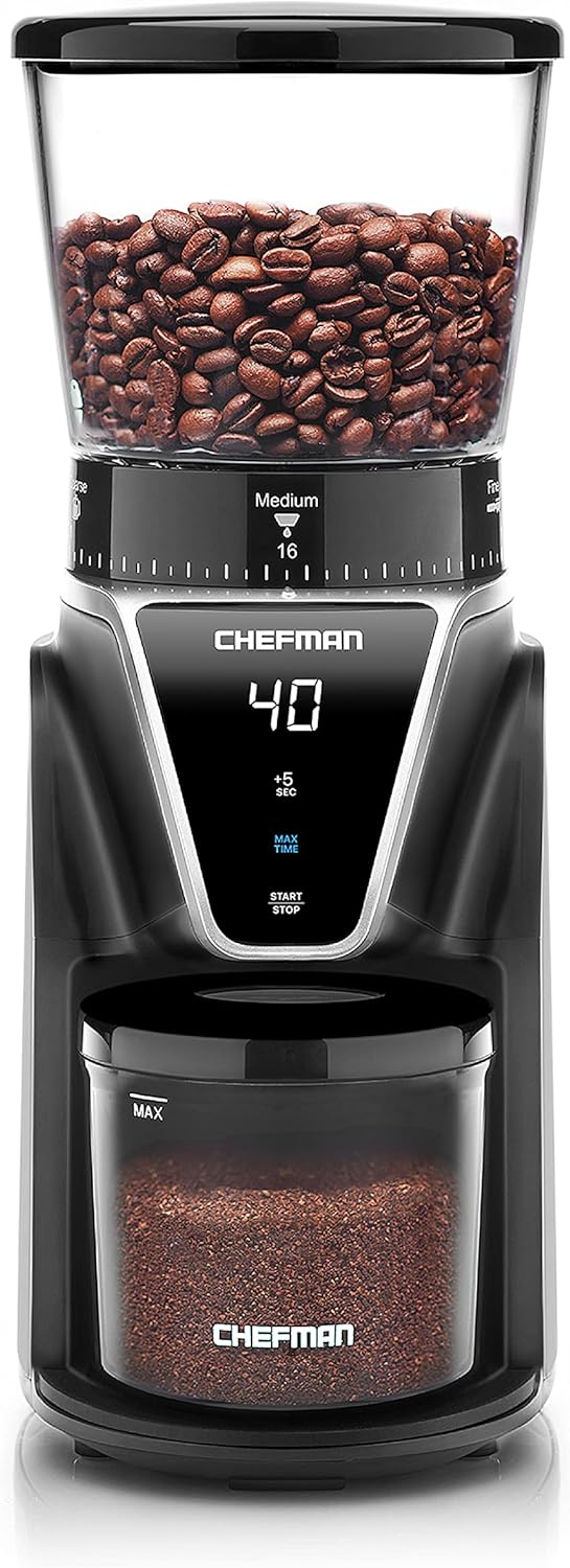 Chefman Conical Burr Coffee Grinder, Create The Boldest & Most Flavorful Grind With 31 Settings From Coarse To Extra Fine, One-Touch Digital Control & 9.7-oz Bean Capacity