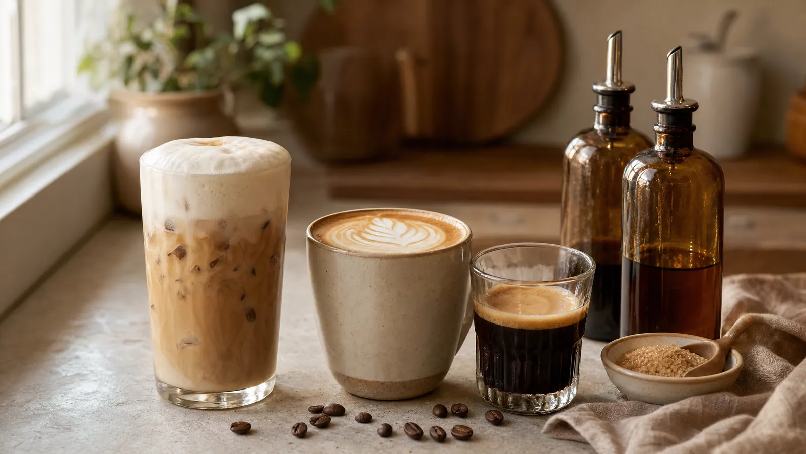 An iced latte with cold foam, a hot latte with a rosetta, and an espresso beside two amber syrup bottles on a home counter
