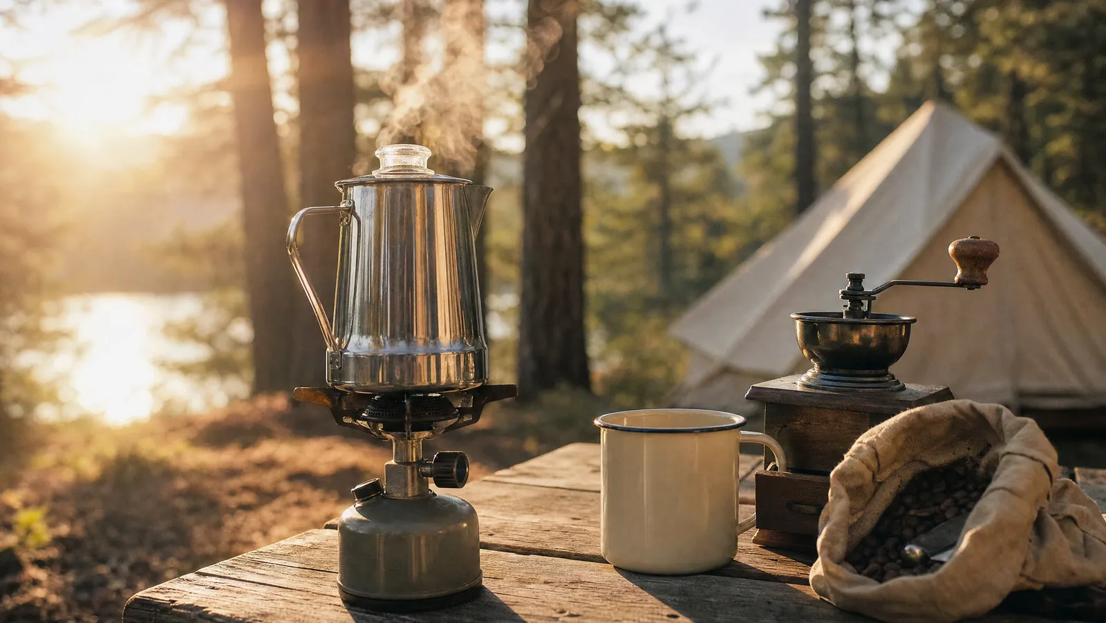 Stainless percolator brewing on a camp stove at sunrise beside an enamel mug and a hand coffee grinder