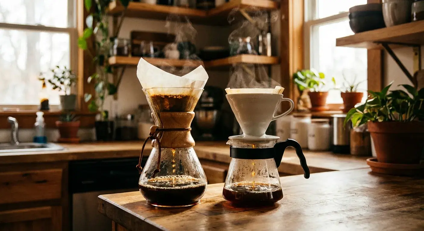 Chemex and Hario V60 pour over coffee makers on a counter
