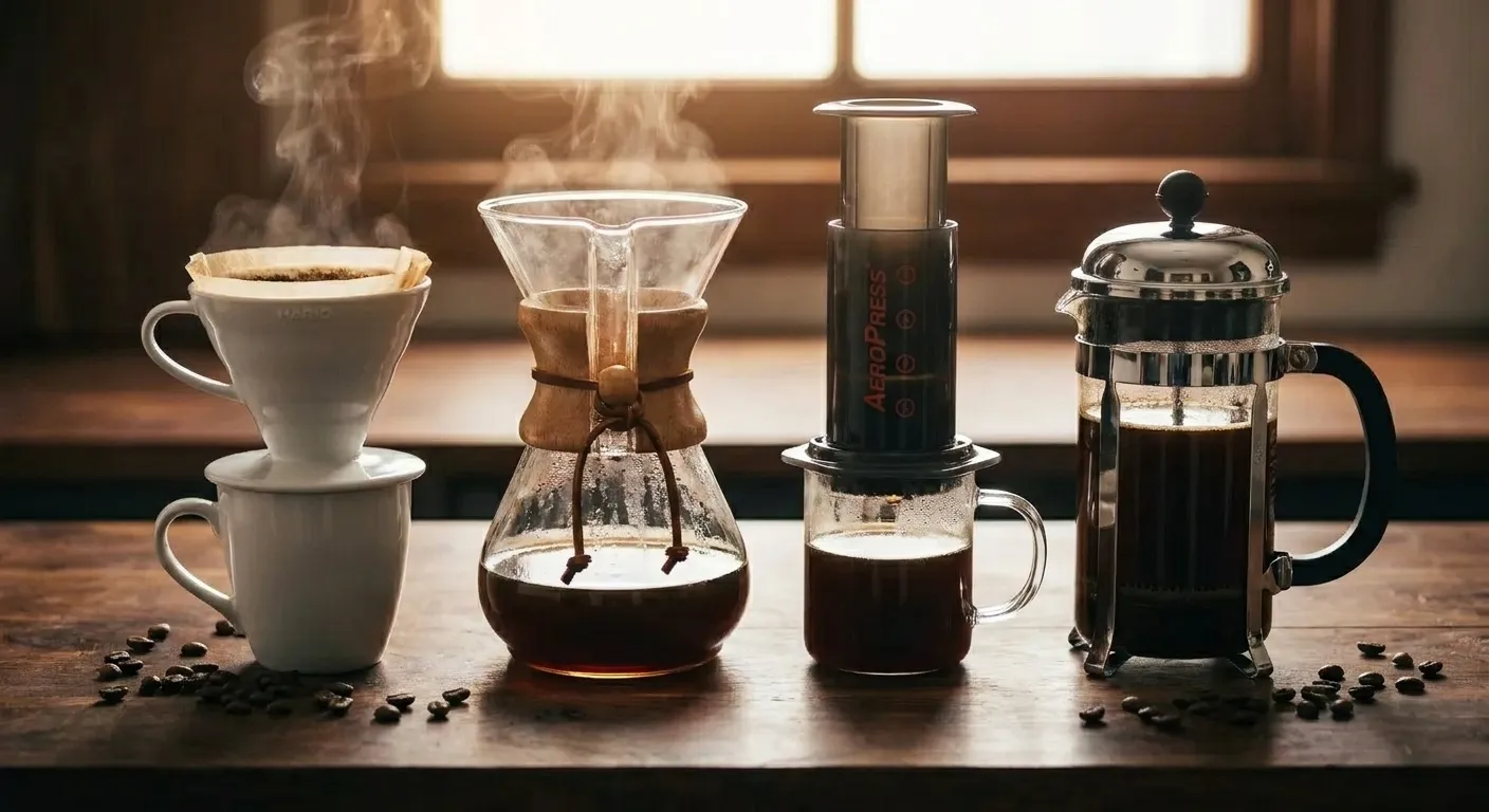 A selection of coffee brewers including a V60, Chemex, French press, AeroPress, and drip machine on a counter