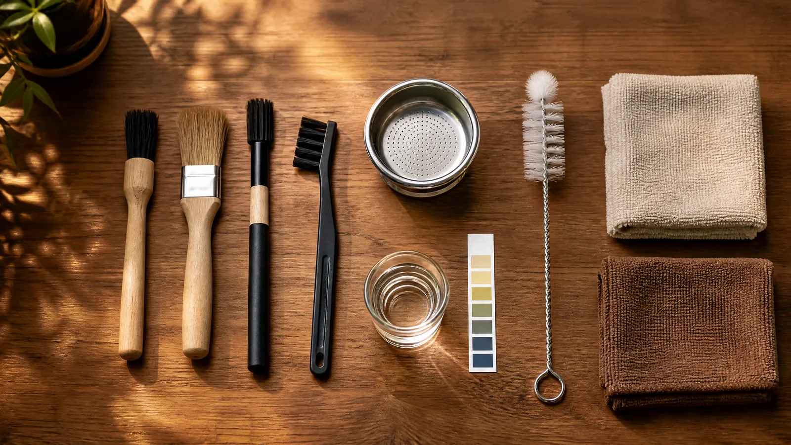 Overhead flat-lay of a coffee cleaning kit: brushes, a stainless blind filter basket, water hardness test strips, a bottle brush and microfiber cloths