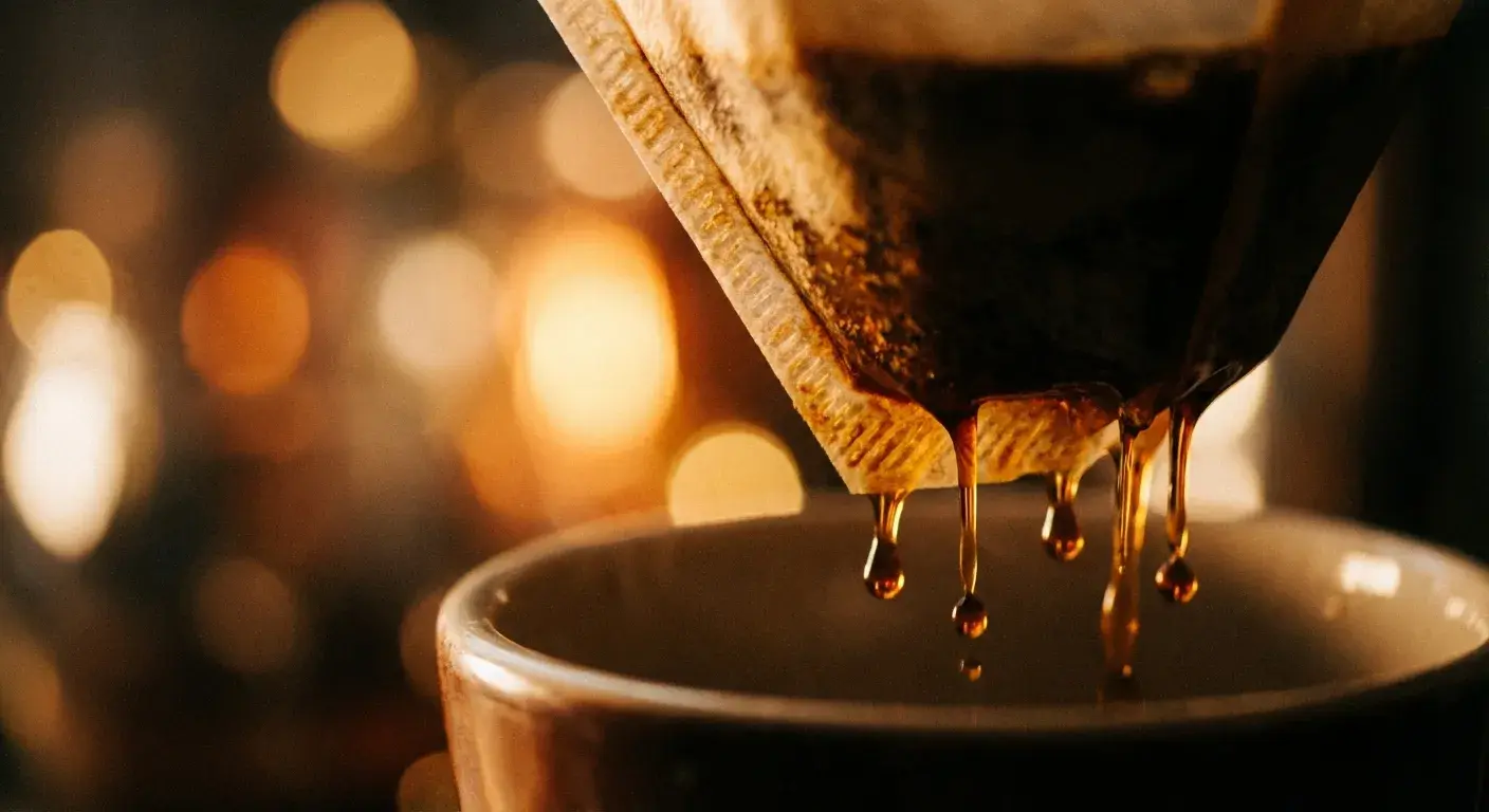 Coffee grounds in a pour over dripper with water being poured over them