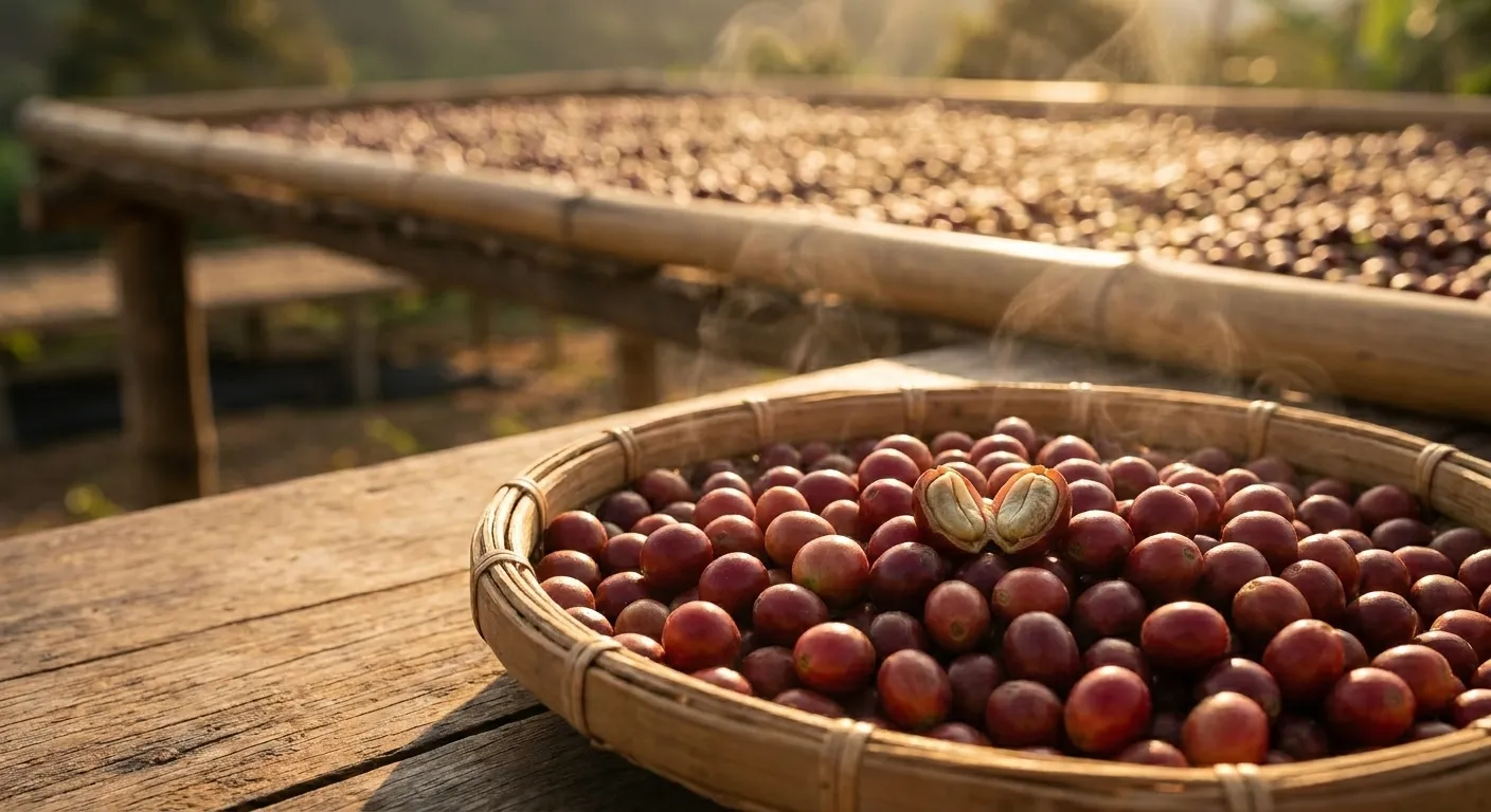 Coffee cherries drying on raised beds in the natural processing method