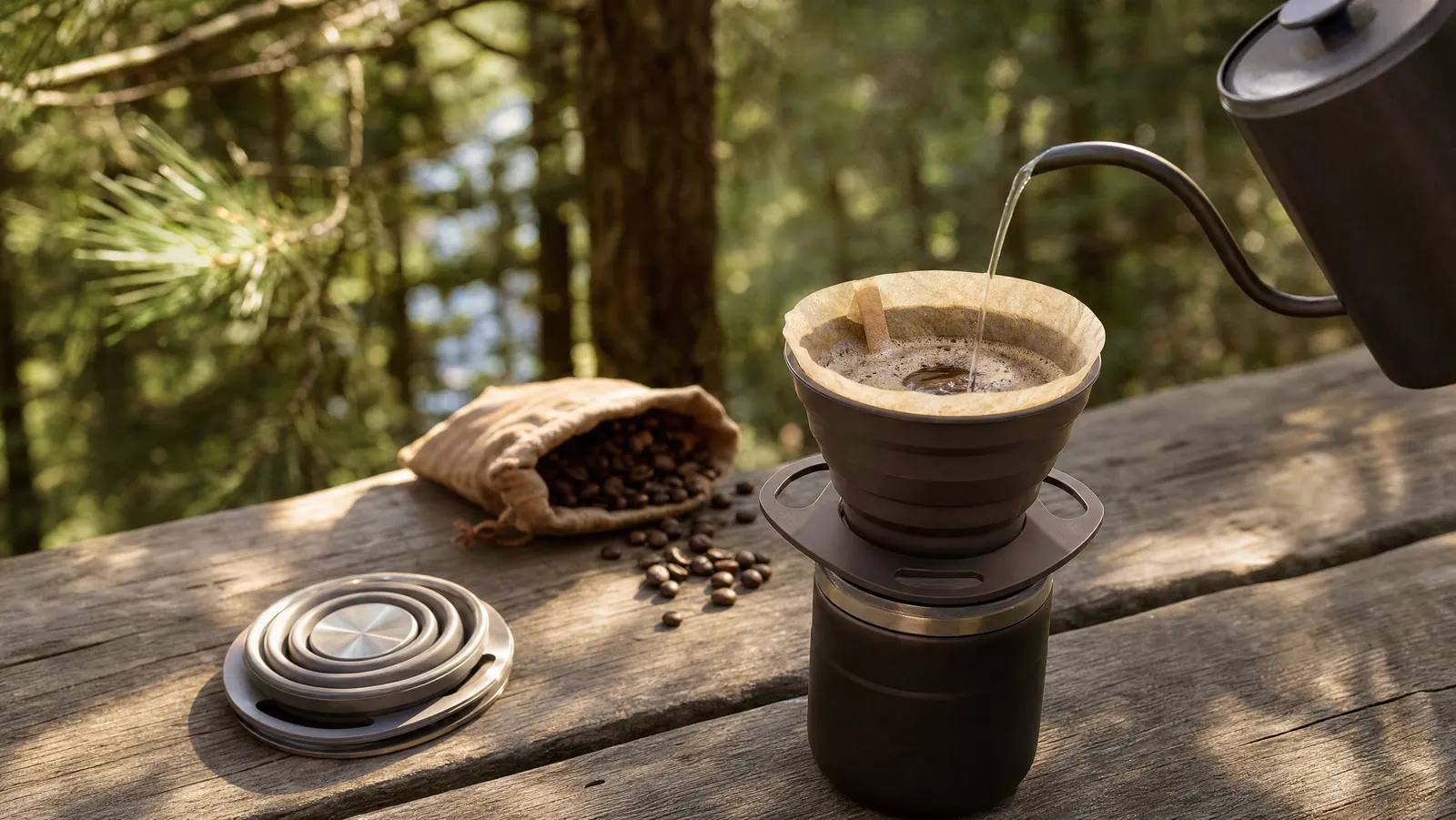 Collapsible silicone pour-over cone on a travel mug at a picnic table, kettle pouring, a folded steel dripper lying flat beside it