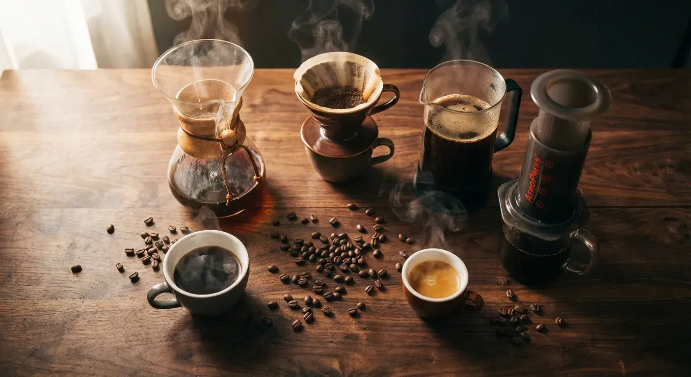 Various coffee brewing methods including pour over, French press, and espresso