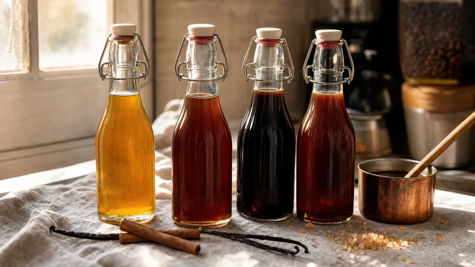 Four glass swing-top bottles of homemade coffee syrup in vanilla, caramel, mocha and gingerbread shades on a linen counter with vanilla beans, cinnamon sticks and a copper saucepan