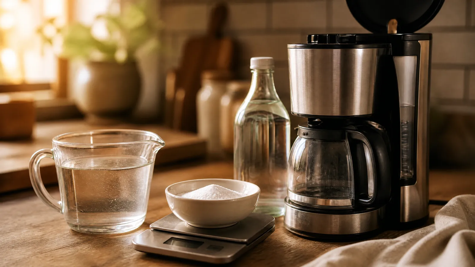 Citric acid powder on a kitchen scale beside a measuring jug of descaling solution, white vinegar, and an open drip coffee maker reservoir