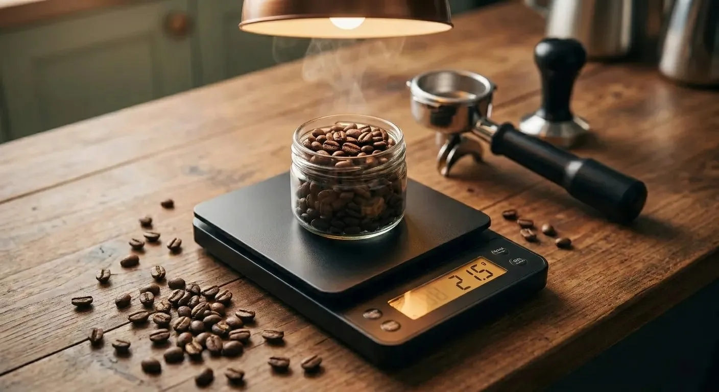 A digital coffee scale under a pour over dripper showing the weight of coffee grounds