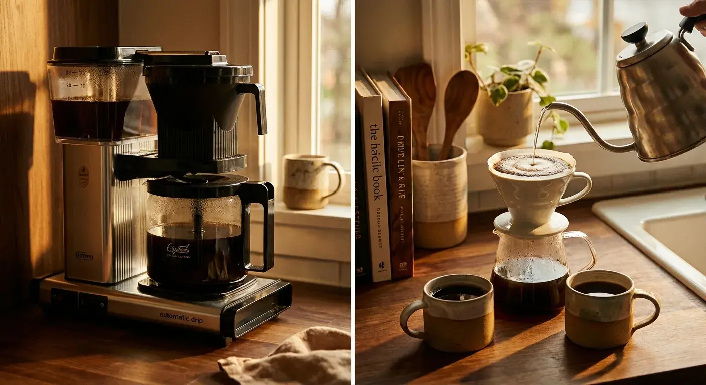 Automatic drip coffee maker and pour over dripper on a kitchen counter