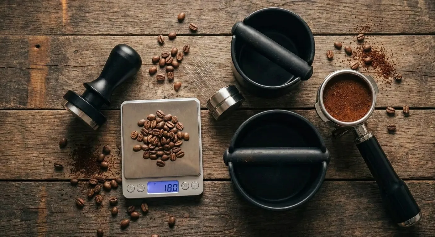 Espresso accessories on a counter — [calibrated tamper](https://www.amazon.com/s?k=calibrated%20tamper&tag=sweetergrind-20), scale, [WDT tool](https://www.amazon.com/s?k=WDT%20tool&tag=sweetergrind-20), and [knockbox](https://www.amazon.com/s?k=knockbox&tag=sweetergrind-20)