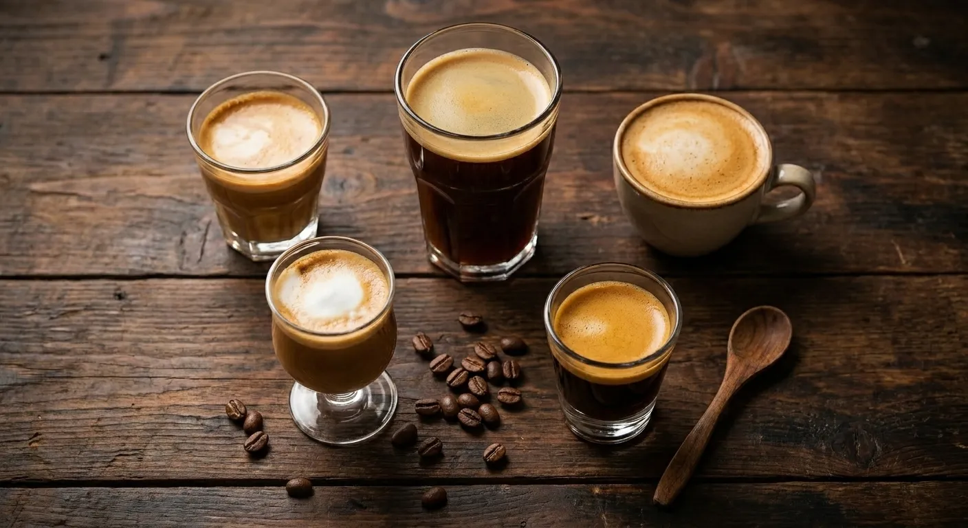 A flight of espresso drinks including macchiato, cortado, cappuccino, and flat white in graduated glasses