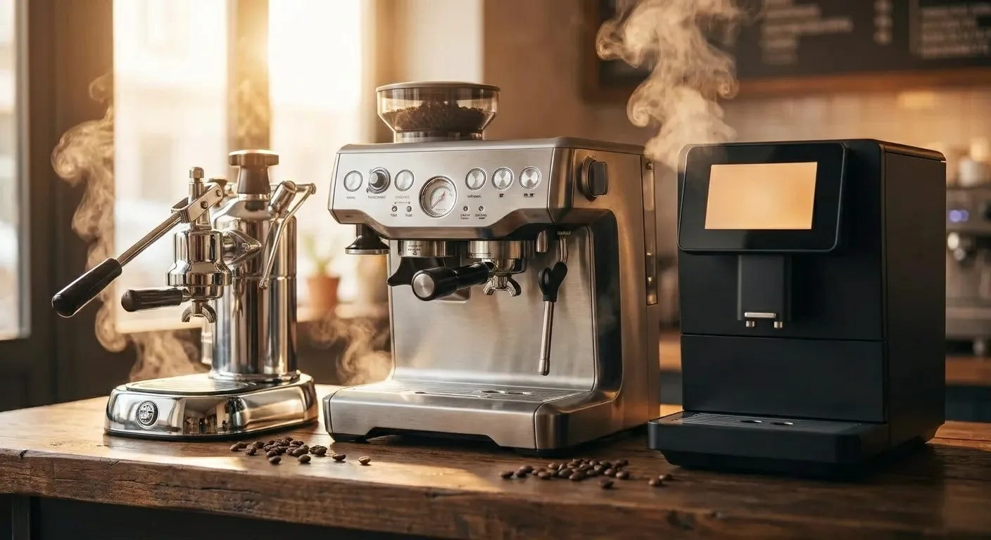 Three espresso machines side by side: a manual lever, a semi-automatic, and a super-automatic
