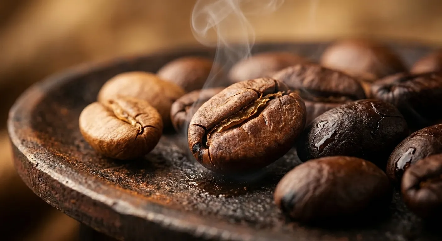 Coffee beans expanding and cracking mid-roast with steam rising