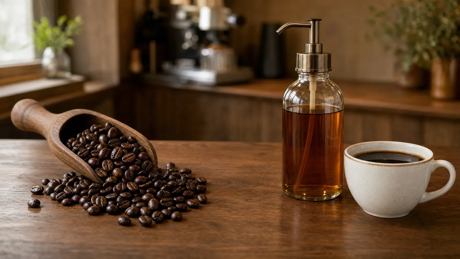 A wooden scoop of glossy dark whole coffee beans spilling onto a walnut counter beside an unlabeled glass bottle of amber syrup with a pump and a white cup of black coffee