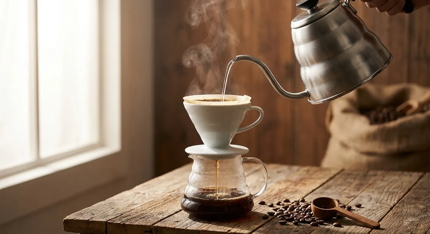 A gooseneck kettle next to a standard electric kettle on a kitchen counter with a V60 dripper