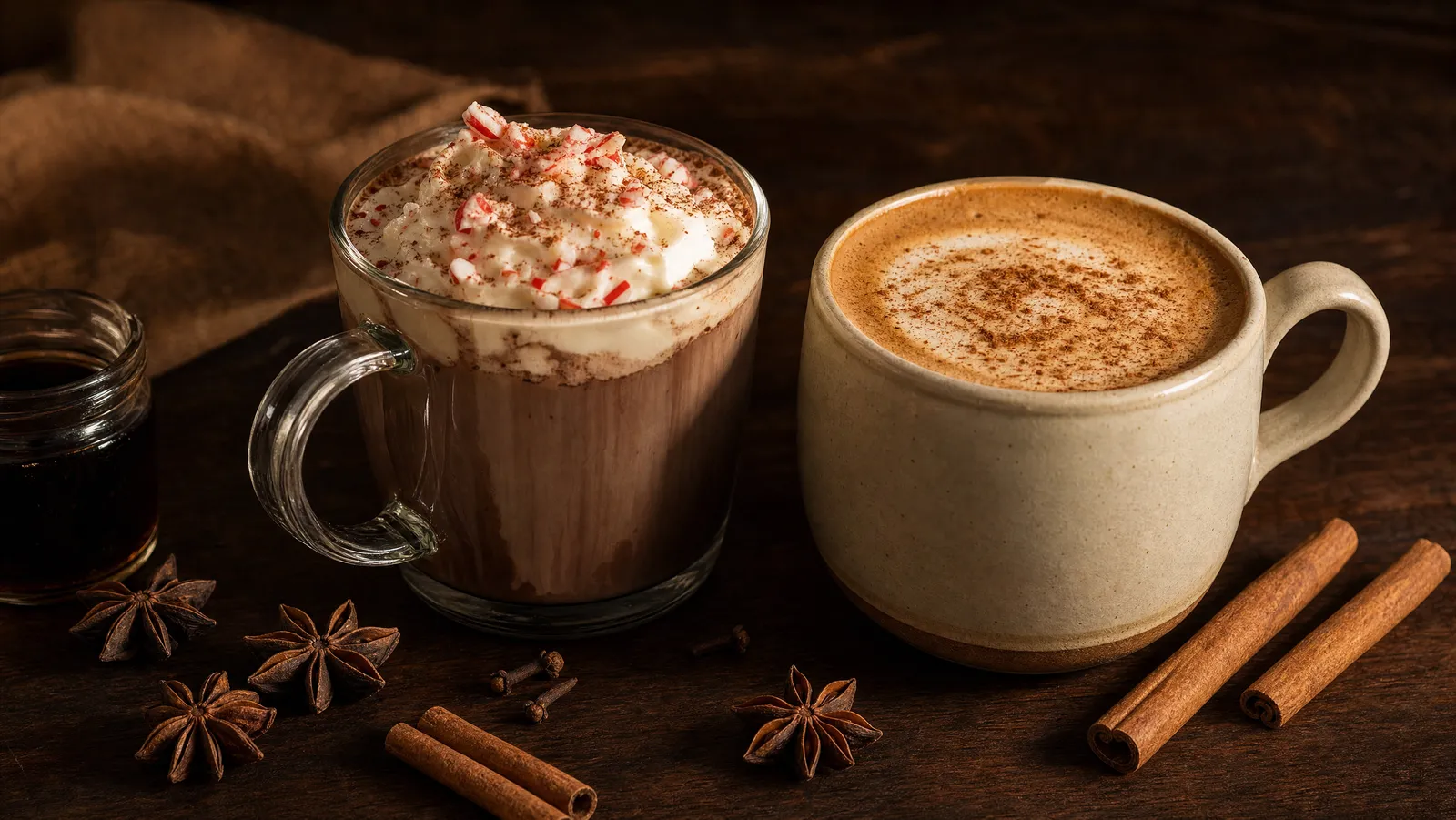 A peppermint mocha topped with whipped cream and a gingerbread latte dusted with cinnamon, surrounded by star anise and cinnamon sticks