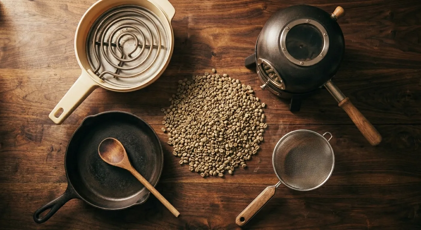 Four coffee roasting setups side by side — popcorn popper, cast iron skillet, oven tray, and home drum roaster