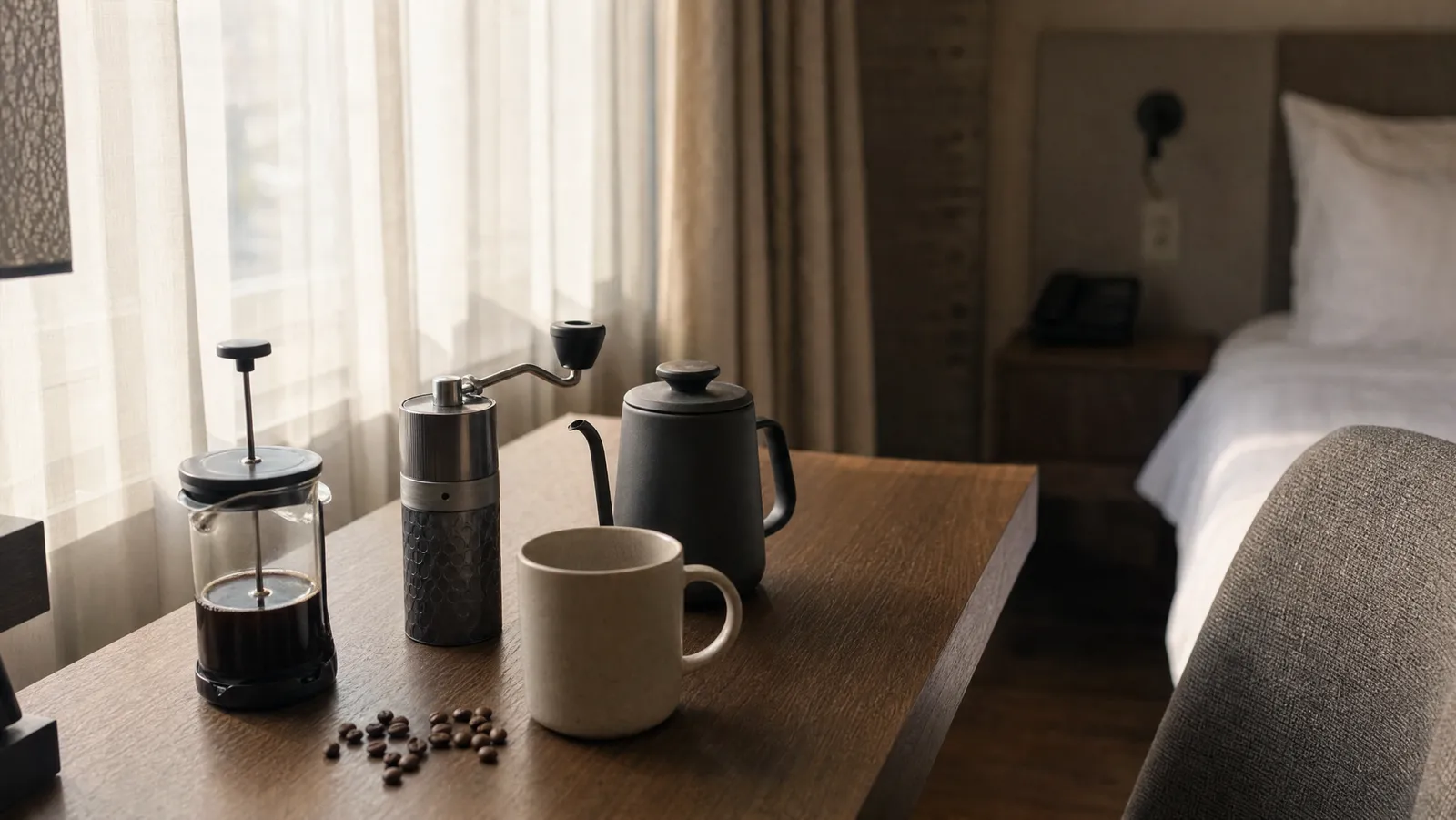 A compact travel coffee setup with press, hand grinder, kettle and mug on a hotel room desk by a window