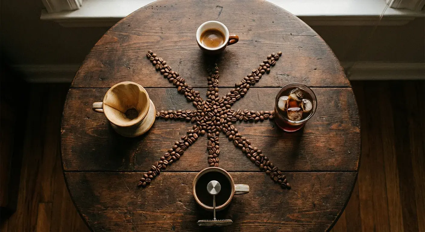 Various coffee brewing methods including pour over, French press, AeroPress, and espresso machine