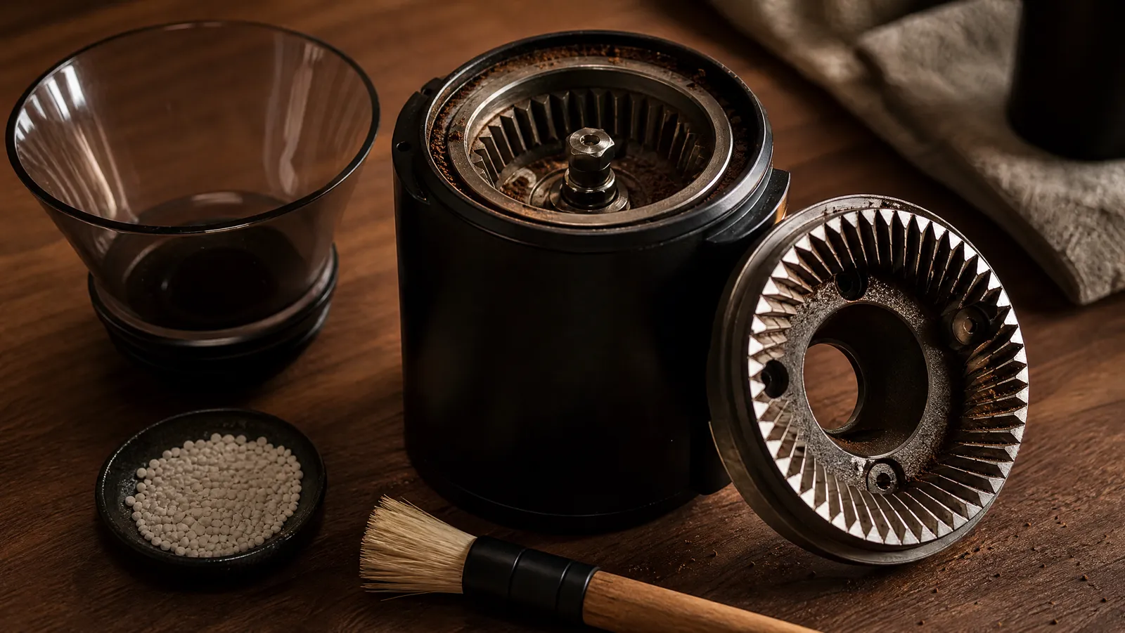 Disassembled conical burr coffee grinder with the ring burr lifted out, brush and grinder cleaning pellets alongside