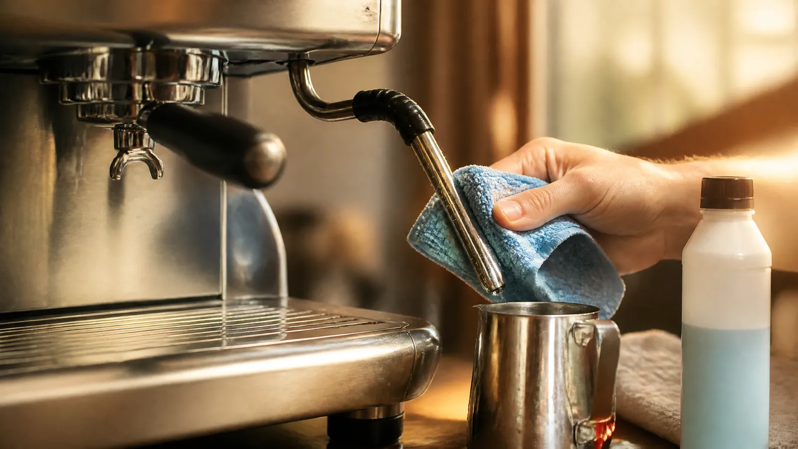 Hand wiping an espresso machine steam wand with a microfiber cloth beside a milk pitcher and milk-system cleaner