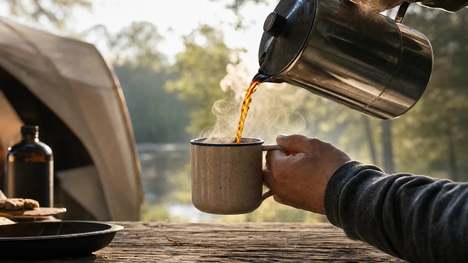 Coffee being poured from a stainless camp percolator into a speckled enamel mug at a campsite