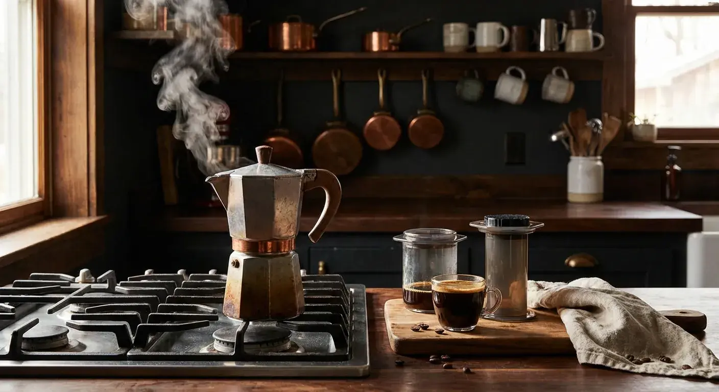 Moka pot brewing stovetop espresso-style coffee on a gas burner