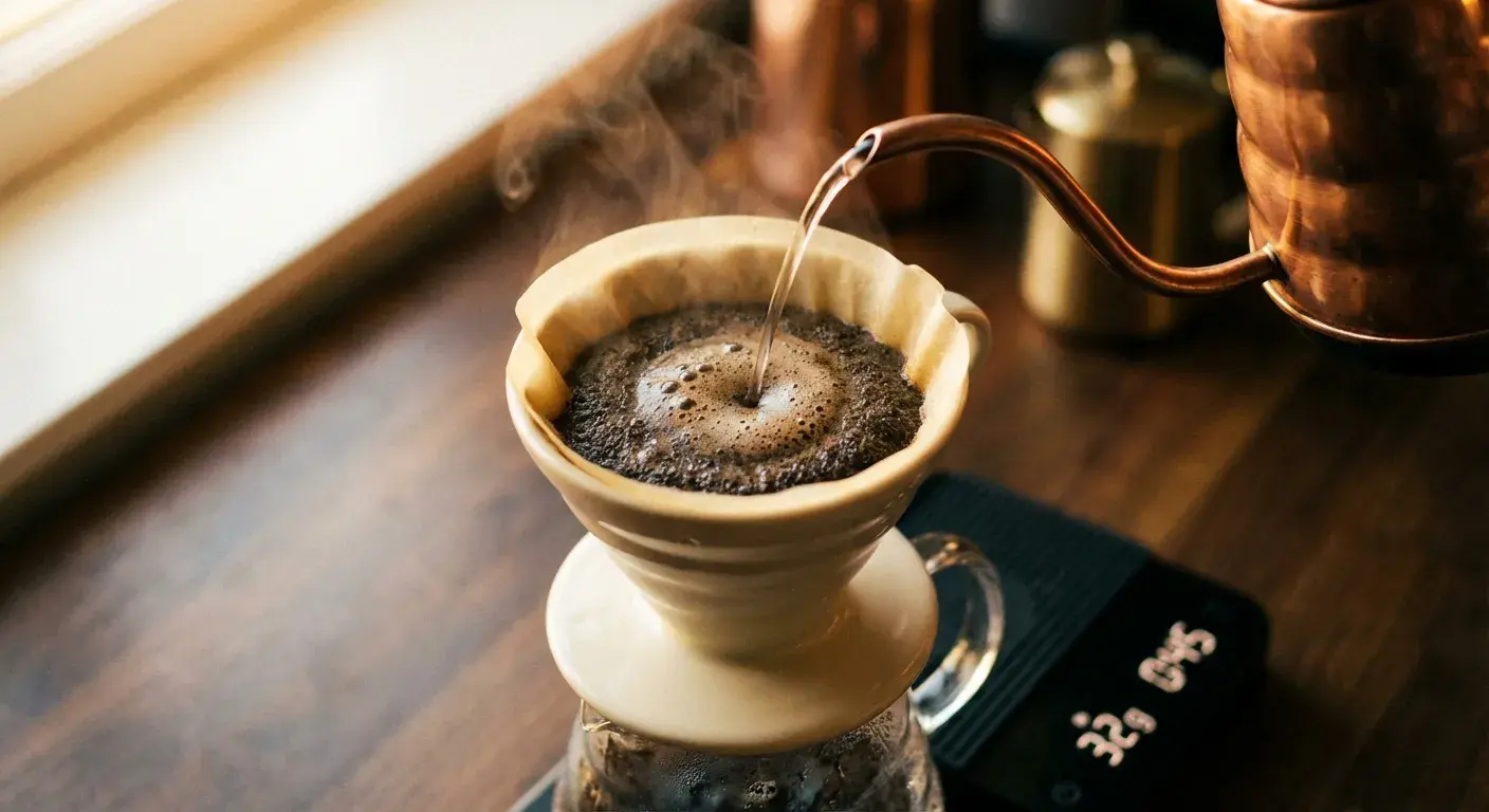 Pour over coffee being brewed into a glass carafe with a gooseneck kettle