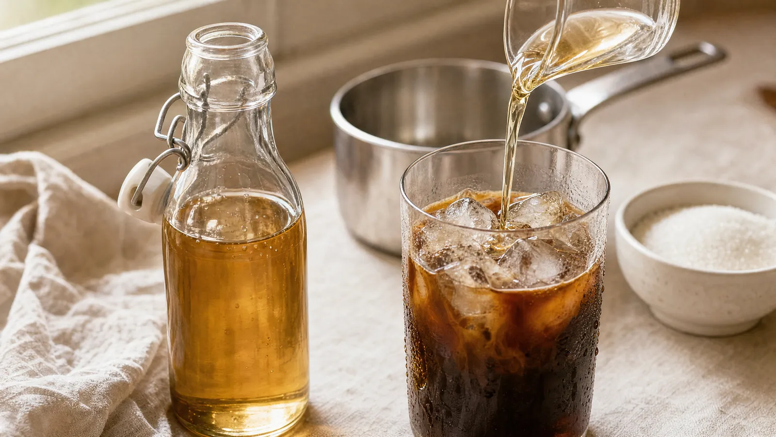 Simple syrup being poured from a glass pitcher into a tall glass of iced coffee, with a swing-top syrup bottle and a bowl of sugar