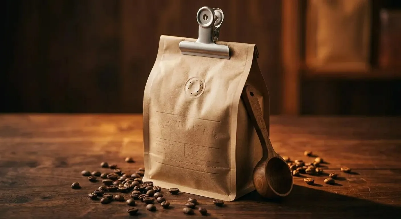 Close-up of a specialty coffee bag label showing origin, variety, process, and roast date