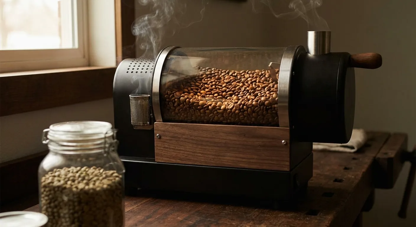 Green coffee beans transitioning to light, medium, and dark roast in a home roaster