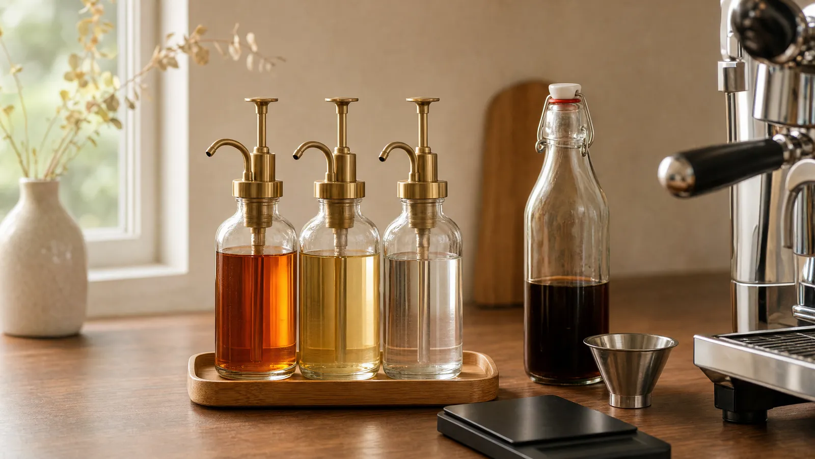 Three unlabeled glass pump bottles of syrup on a small bamboo tray beside a swing-top bottle of dark homemade syrup, a stainless funnel and a flat digital scale, with an espresso machine at the edge of the frame