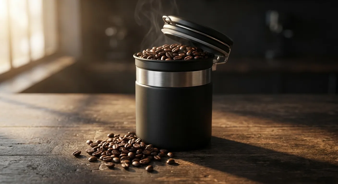 Whole coffee beans being poured into an airtight ceramic canister