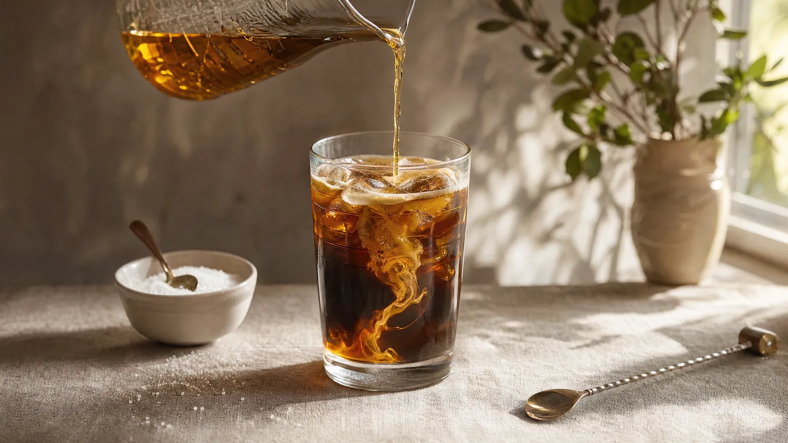 Golden simple syrup being poured from a glass pitcher into a tall glass of iced coffee, with a bowl of granulated sugar and a bar spoon alongside
